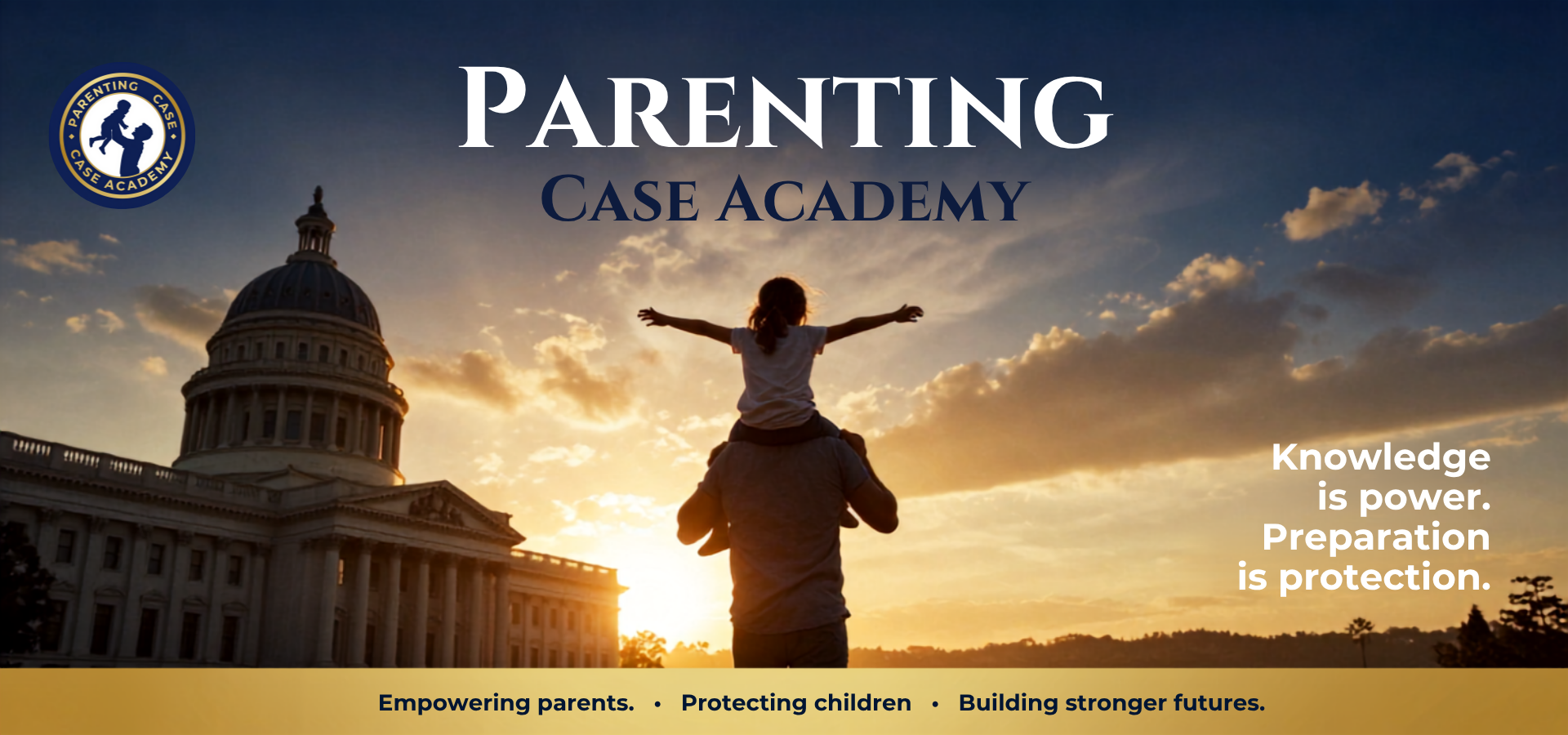 A child on a parent's shoulders, arms outstretched toward a golden sky beside a courthouse.