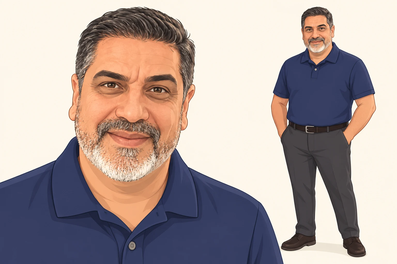 Illustrated portrait of Julio wearing a navy polo shirt.
